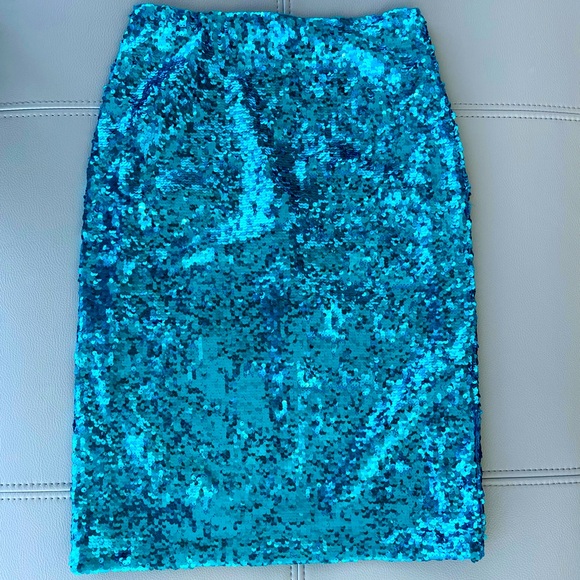 NWT! Alice Olivia High-Waist TEAL BLUE Sequin Pencil Skirt in Size